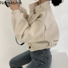 JazzHer Streetwear Jackets Women's Clothing Stand Neck Casual Woolen Outwear Thicked Crop Tops Fashion Korean Y2k Coat 2025 Ropa Mujer