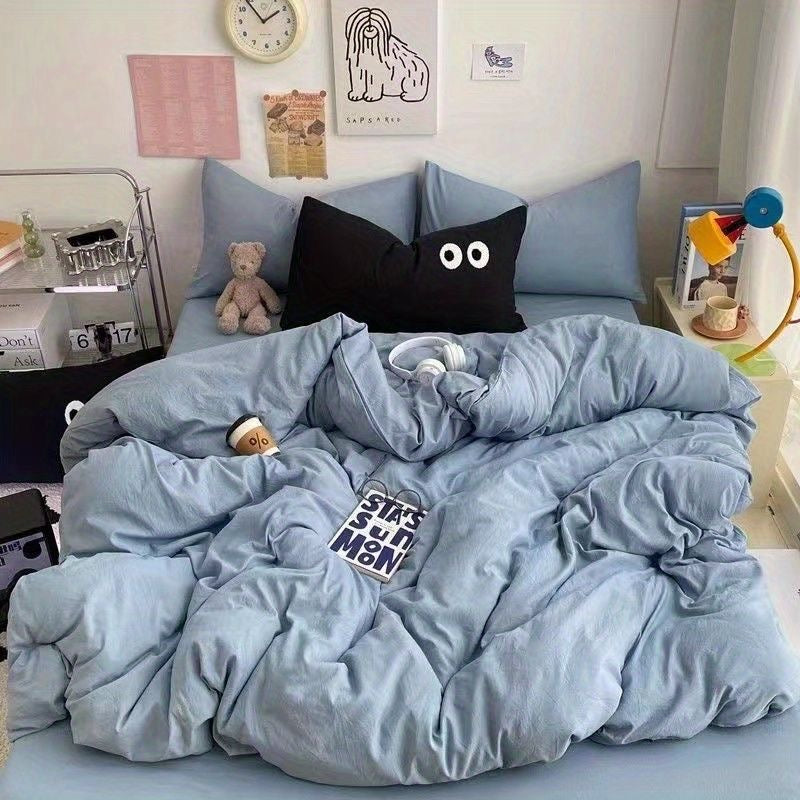 JazzHer Cute Duvet Cover Set with Sheet Pillowcase No Filler Warm Solid Color Bed Linen Full Queen Size Korean Big Eyes Home Bedding Set