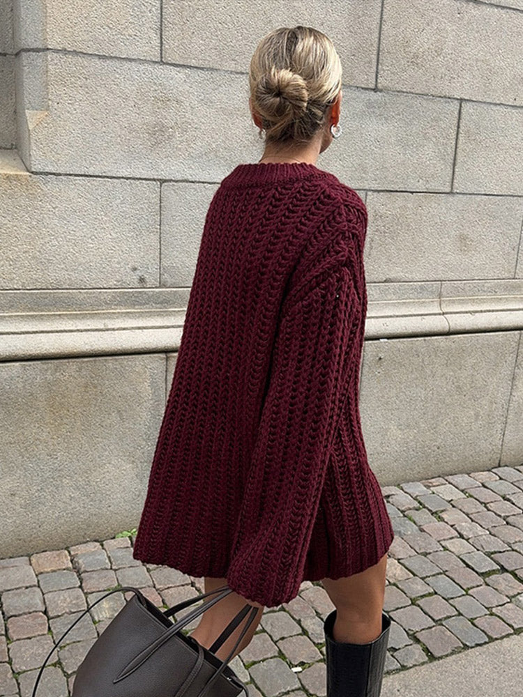 thanksgiving outfit JazzHer Vintage Burgundy Sweaters Top Women Casual Oversized O-neck Long Sleeve Pullovers 2024 Autumn Fashion High Street Knitwears Lady