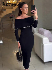 JazzHer Elegant Knit Off Shoulder Midi Dress Women Slim Slash Neck Long Sleeve Hip Package Female Dresses 2024 Autumn Lady Casual Robes