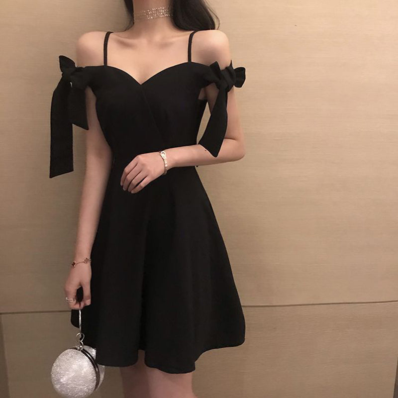 JazzHer Summer Dress Women Black Elegant Chic Tie Bow Slash Neck Dress Korean A Line Backless Party Solid Vestidos New