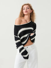 thanksgiving outfit JazzHer New Fashion Womens Stripe Print Knit Crop Tops Long Sleeve Scoop Neck Loose Knitwear Lightweight Sweater Hot Sale S M L