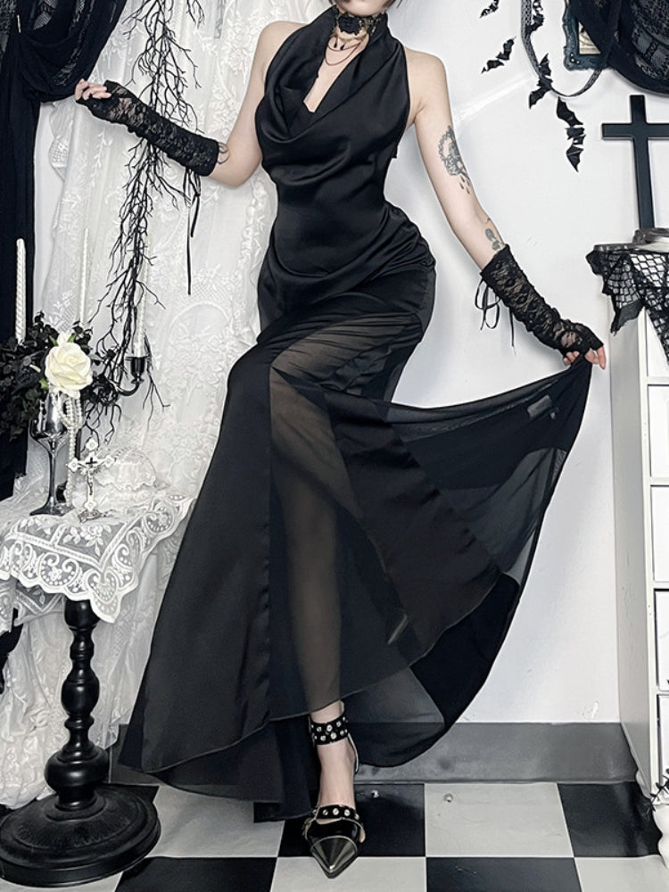 JazzHer Elegant Dark Gothic Party Dress Women Fairycore Grunge Aesthetic Halter Sleeveless High Waist Halter Midi Dress Female