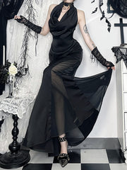 JazzHer Elegant Dark Gothic Party Dress Women Fairycore Grunge Aesthetic Halter Sleeveless High Waist Halter Midi Dress Female