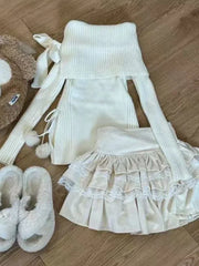 JazzHer Autumn Winter Sweet Fashion Skirt Suit Woman Elastic Bow Knitted Sweater Tops + Y2k High Waist Mini Skirt 2 Piece Set 2025 New