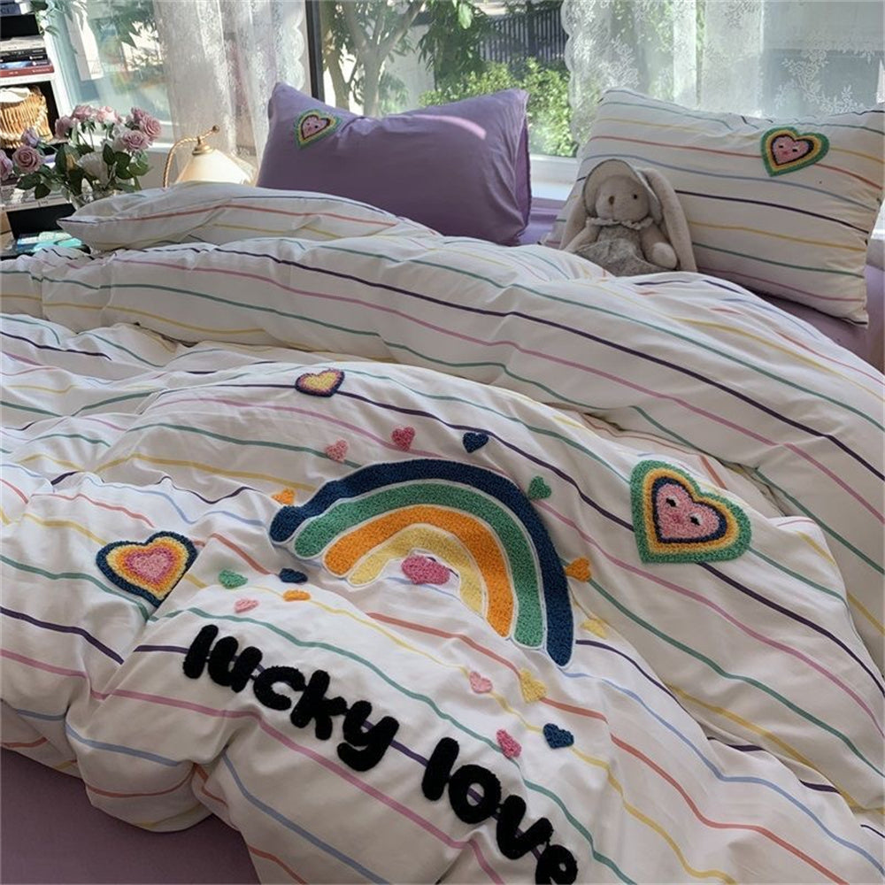 JazzHer Korean Ins Dopamine Rainbow Embroidered Washed Cotton Bedding set Duvet Cover Home Luxury No Filling Bedding Set Bed Sheets