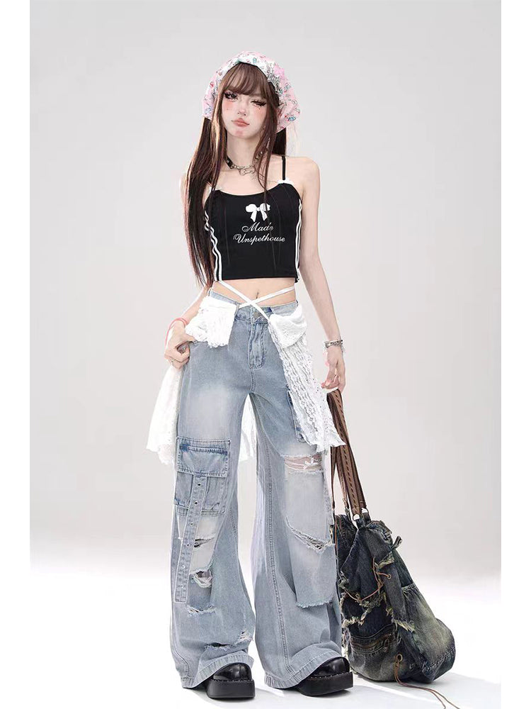 christmas outfit JazzHer Women's Light Blue Baggy Ripped Cargo Jeans Harajuku Denim Trousers Y2k Vintage Japanese 2000s Style Jean Pants Trashy Clothes