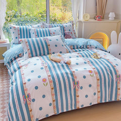 JazzHer Ins Blue Stripe Duvet Cover Set Soft Flat Sheet Quilt Cover Pillowcase Bed Linen Twin Queen Full Size Floral Bedding Set