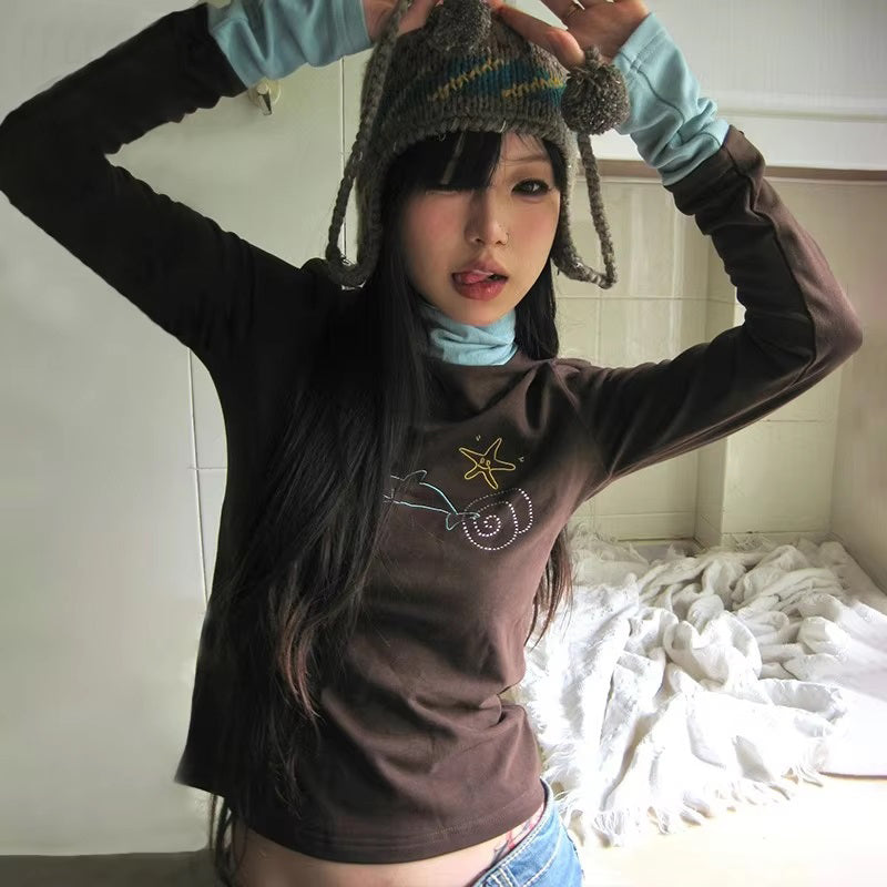 JazzHer Japanese Y2K Turtleneck T Shirt Women Grunge Aesthetics Patchwork Tops Vintage Diamond Print Long Sleeve Tees Harajuku 2000S