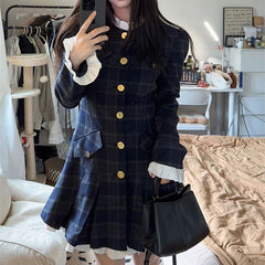 JazzHer French Plaid Dresses Women Autumn Winter New Ruffles O Neck Single Breasted Pleated Dress Korean Slim Elegant Vintage Vestidos