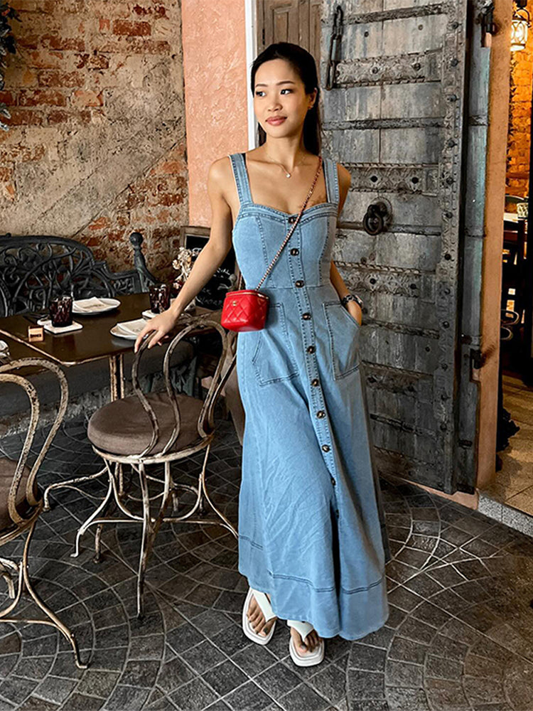 JazzHer Fashion Denim Single Breasted Strap Dress Women V-neck Sleeveless Backless Pocket Spliced  Dresess 2024 Summer Lady Casual Robes