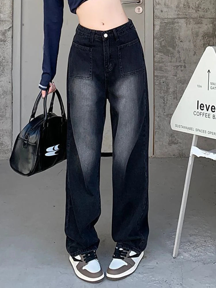 JazzHer Vintage Jeans Women Y2K High Street Loose High Waist Wide Leg Denim Pants Korean Casual Streetwear Straight Denim Trousers