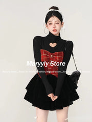JazzHer Autumn New Y2k 2000s Aesthetic Vintage Evening Suit Women Outfits 2 Piece Set Long Sleeve T-Shirts + Mini Plaid Patchwork Dress