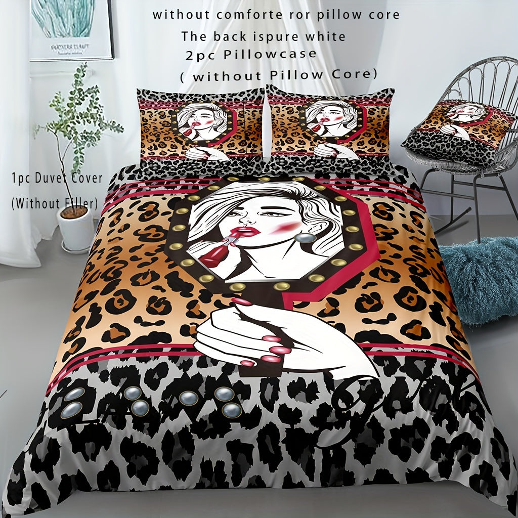 JazzHer 3pcs Animal Pattern Duvet Cover Set Wild Romantic Leopard Tiger Pattern Print Bedding Set, Soft Comfortable Duvet Cover