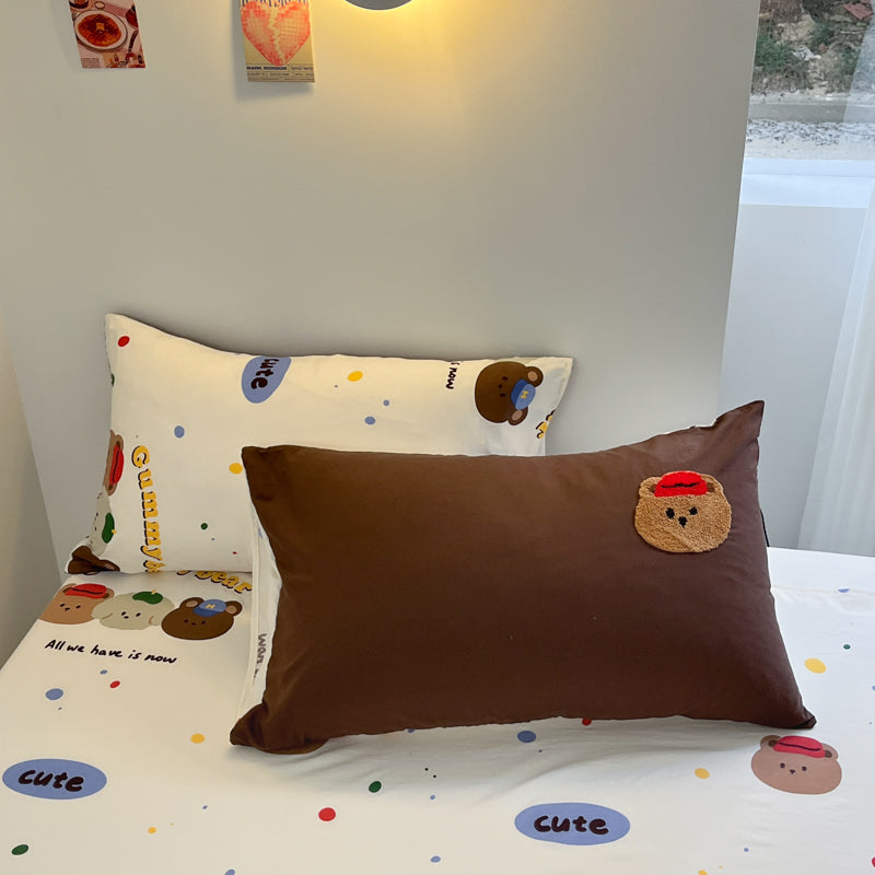 JazzHer Mocha Bear Embroidery Bedding Set Twin Queen Duvet Cover Set Pillowcases for Adult Kids Bed Flat Sheet Cute Quilt Cover Kawaii