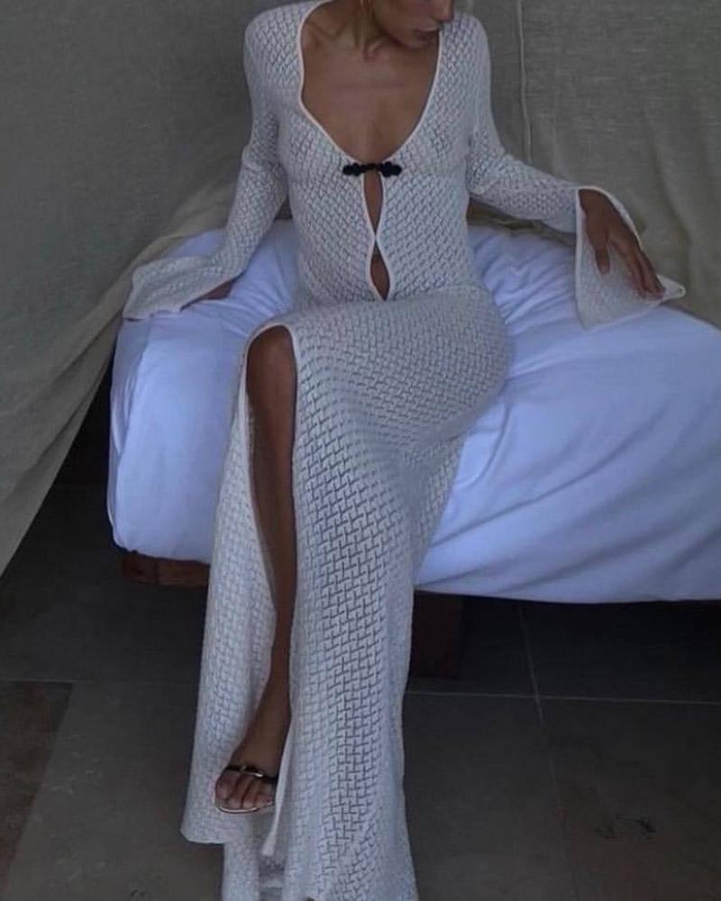 JazzHer Crochet Beach Blouse Slit Dress