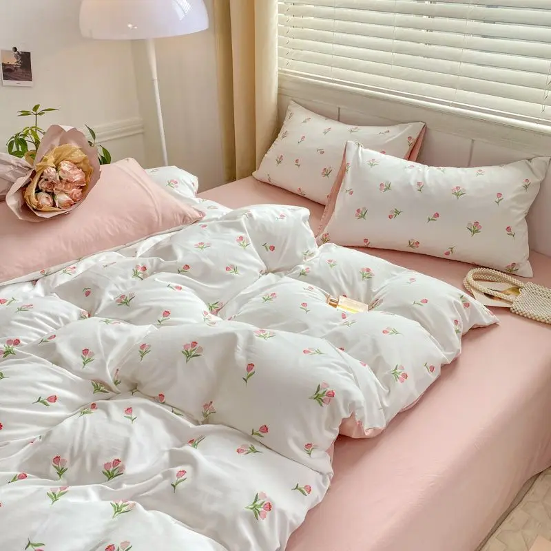 JazzHer Romantic Tulip Pink Bedding Set Bed Flat Sheet Pillowcase Twin Full Queen Bed Linen Kids Girls Floral Duvet Cover No Filling