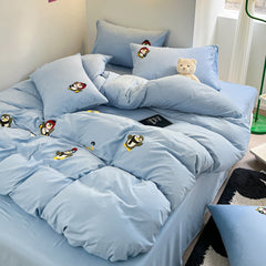 JazzHer Penguin Diary Embroidery Bedding Set Twin Queen Duvet Cover Set Pillowcase for Adult Kids Bed Flat Sheet Cute Quilt Cover Kawaii