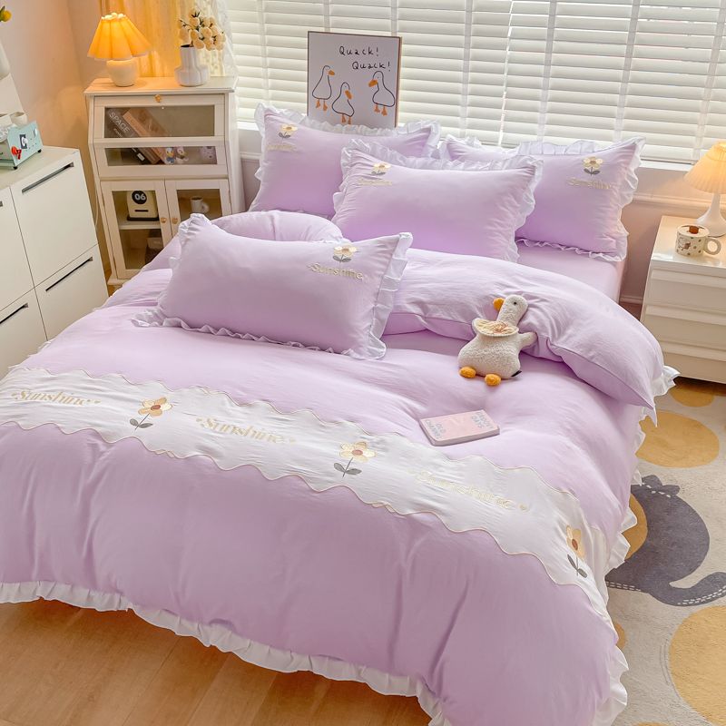 JazzHer Ins Korean Style Bedding Set with Ruffles Princess Duvet Cover No Filling Flat Sheet Pillowcases Kit Girls Blue Pink Solid Color