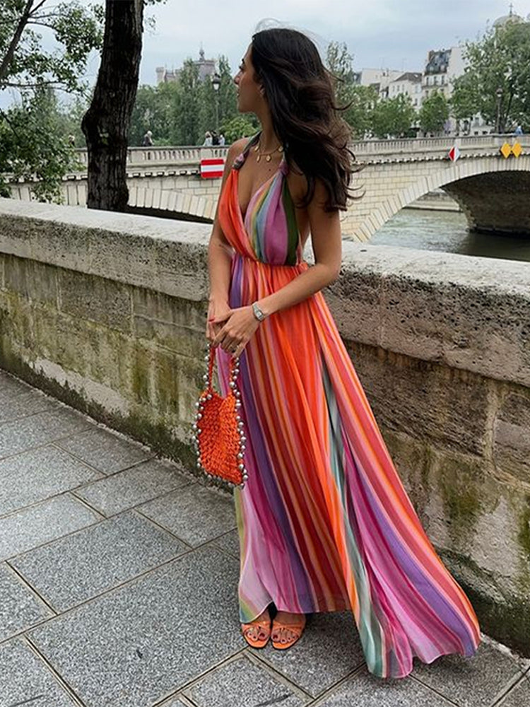 JazzHer Fashion Colorful Striped Halter Maxi Dress Women Sexy V-neck Backless Lace Up Female Party Dresses 2024 Summer Lady Beach Robes