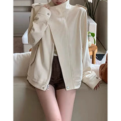 cold weather outfits JazzHer 2024 Autumn Chamois Leather Jacket Women's White Design Sensibility Motorcycle Style Loose Fit Leather Coat For Casual Scene