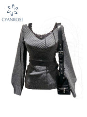 christmas outfit JazzHer Women's Dark Grey Pullover Cashmere Sweater Harajuku Y2k Long Sleeves V-Neck Sweaters Jumper Vintage 2000s Clothes Autumn 2025