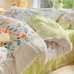 JazzHer Princess Bedding Set with Ruffles No Filler Korean Style Girls Single Double Queen Size Duvet Cover Sheet Pillowcase Bedspread