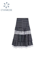 christmas outfit JazzHer Women's A-line Plaid Skirt Vintage Aesthetic Y2k Long Skirts Harajuku Korean Mori Dirl Long Skirts 2000s Cutecore Clothes Summer