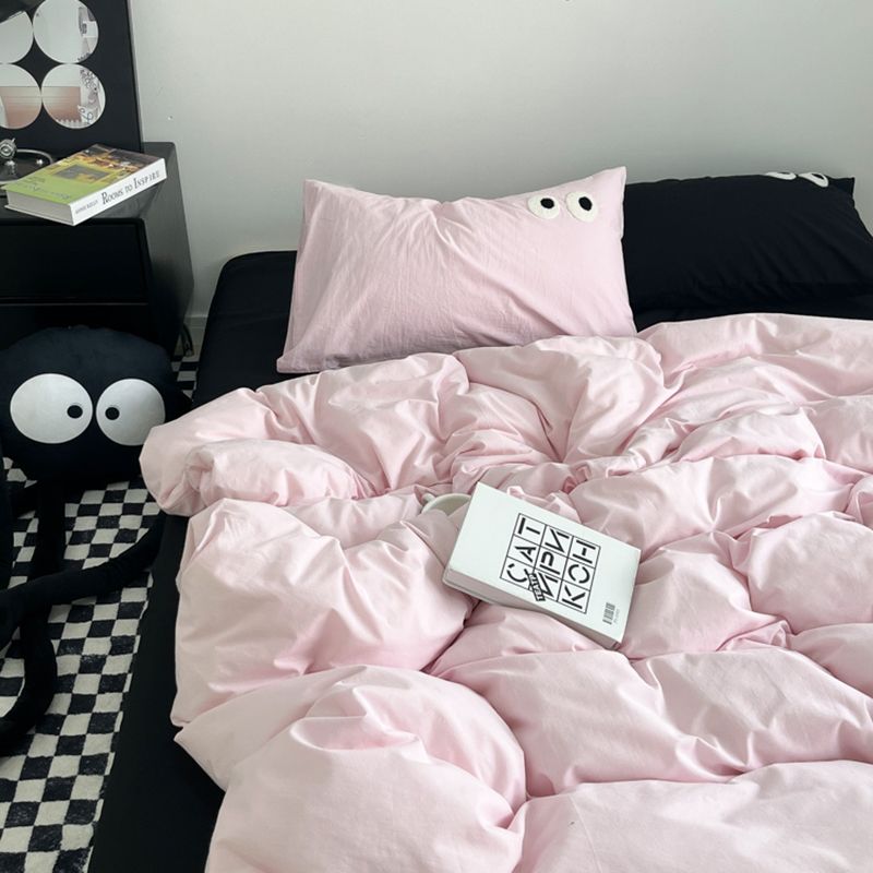 JazzHer Ins Style Nordic Bedding Set No Filling Duvet Cover Pillowcase with Cute Eye Embroidered Solid Color Single Queen Size Bed Linen