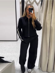 JazzHer Contast Color Coat Trosusers Suits Women Striped Lapel Long Sleeves Zipper Lady Sports Jacket Wide Leg Pant Female Two Piece Set