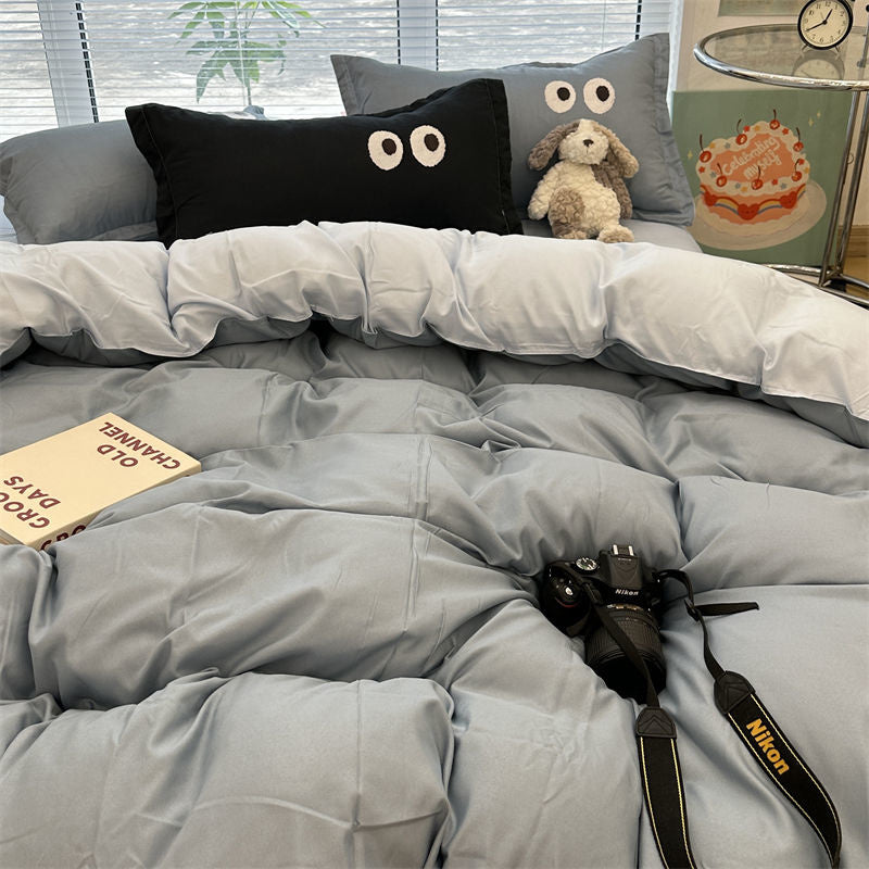 JazzHer Ins Grey Cartoon Big Eye Solid Color Bedding Set Girls Boys Double Size Flat Sheet Duvet Cover Pillowcase Bed Linen Home Textile