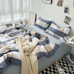 JazzHer Bed Linen Washed Cotton Striped Grid Minimalist Bedding Sheet Set Comforter Sets Queen Duvet Cover Double For Boys And Girls