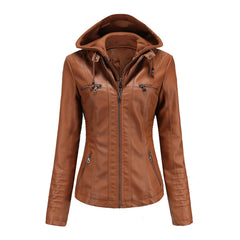 cold weather outfits JazzHer Women's Genuine Leather Hooded Jacket 2-Piece Set Removable Plus Size PU Washing Leather Spring Autumn Jacket