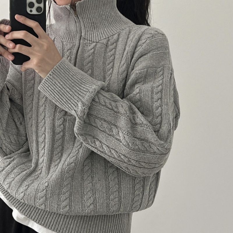 JazzHer Vintage Lapel Neck Cable Knit Sweater