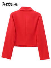 JazzHer Street Red Single Breasted Short Coats Women Lapel Long Sleeve Pockets Female Jackets 2024 Autumn Lady Elegant Commute Outwear