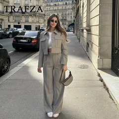 cold weather outfits JazzHer 2024 Spring Summer Casual Women Solid Suits Fashion Streetwear Pockets Turn-down Collar Short Jackets+Chic Wide leg pants