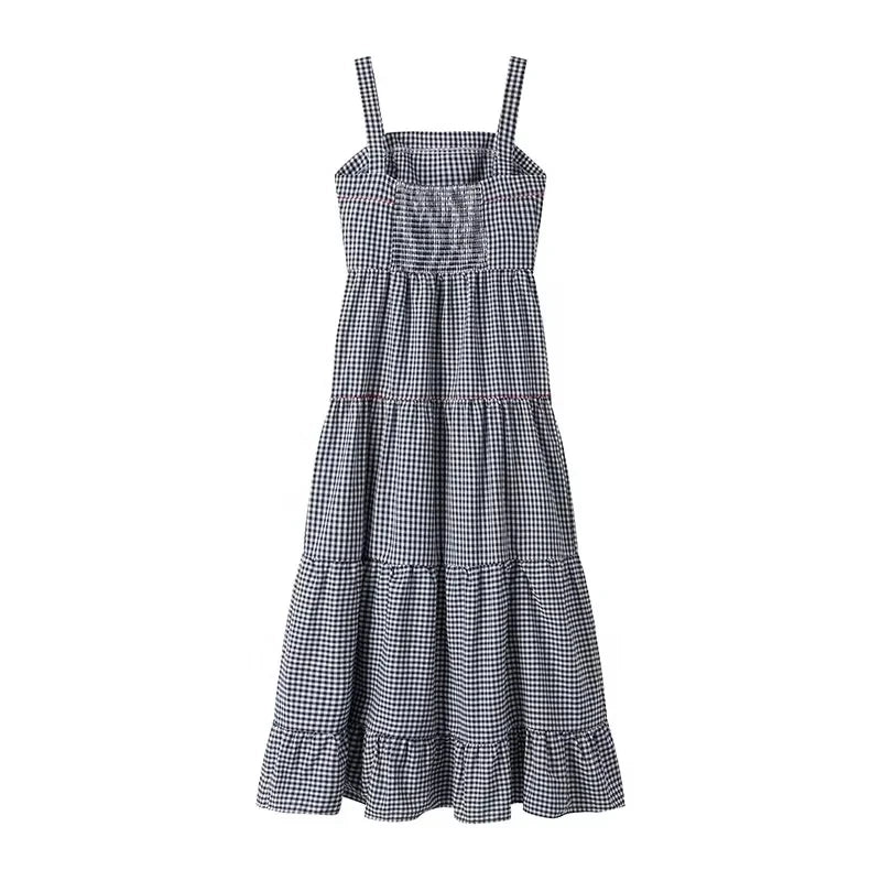 JazzHer Embroidery Plaid Long Dresses Women Sleeveless Slip Midi Dress Woman Pleated Backless Beach Dress Vintage Summer Dress