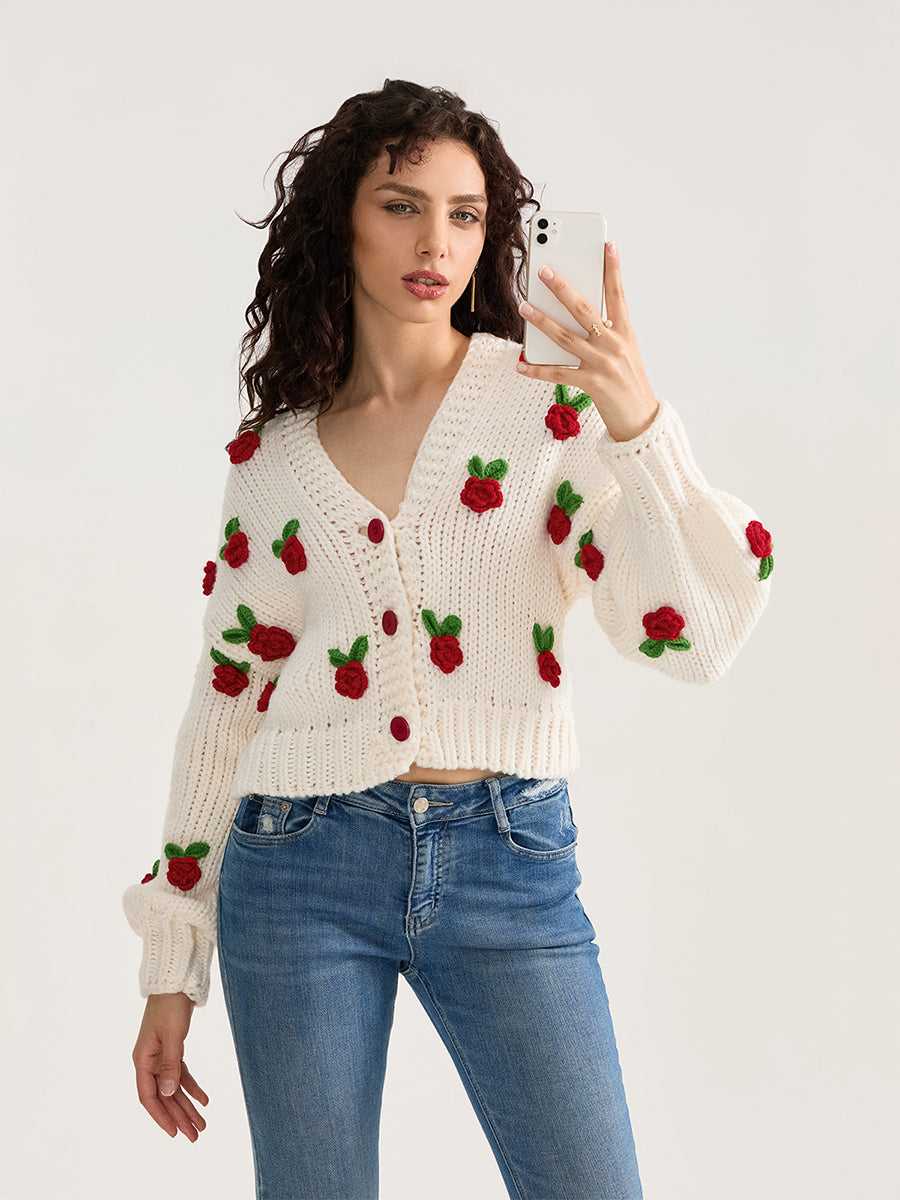 thanksgiving outfit JazzHer Women Knit Cardigan Long Sleeve Flowers Button Closure Fall Casual Jacket Sweater