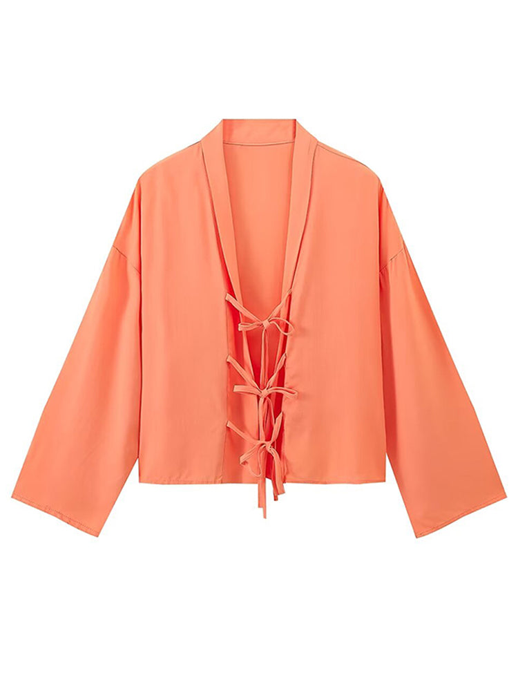 JazzHer Solid Shirt Pants Sets Women Casual  V Neck Lace Up Long Sleeve Female Tops Suits High Waist Wide Leg Pant 2025 New Lady Outfits