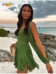 JazzHer Chiffon Green Ruffles Mini Dresses Women Elegant Long Sleeve A Line Beach Robe Fashion Lady Ruffles Holiday Summer Party Vestido
