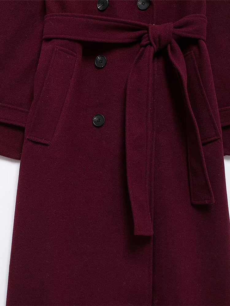 thanksgiving outfit JazzHer Elegant Burgundy Woolen Coat With Belt Women Lapel Full Sleeve Double Breasted Lady Overcoat 2024 Autumn Winter Female Outwear