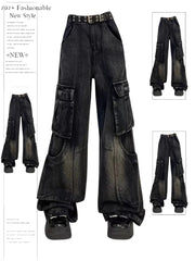 christmas outfit JazzHer Women's Black Gothic Cargo Jeans Vintage Korean 90s Aesthetic Y2k Denim Trousers Harajuku High Waist Cowboy Pants 2000s Clothes