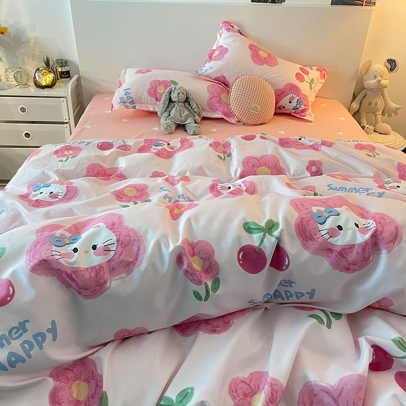 JazzHer Pastoral Style Little Bear Bedding Set Adult Queen Twin Full Size Quilt Cover Bed Flat Sheet Kids Cute Duvet Cover No Filler