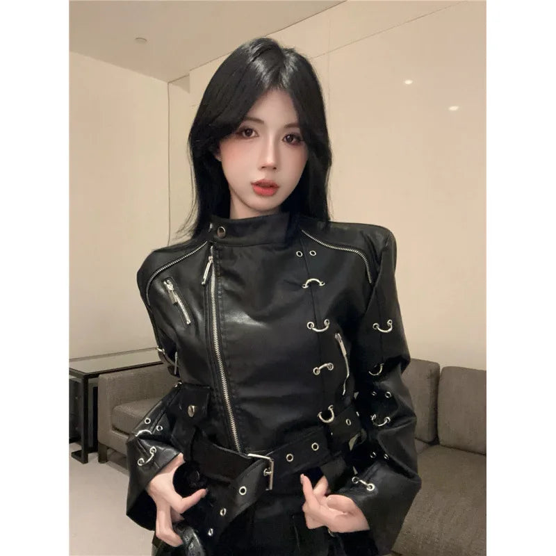 cold weather outfits JazzHer 2024 Autumn New Women's Clothing Harajuku Style Motorcycle Jacket Short Zipper Up Genuine Leather Jacket For Street Wear