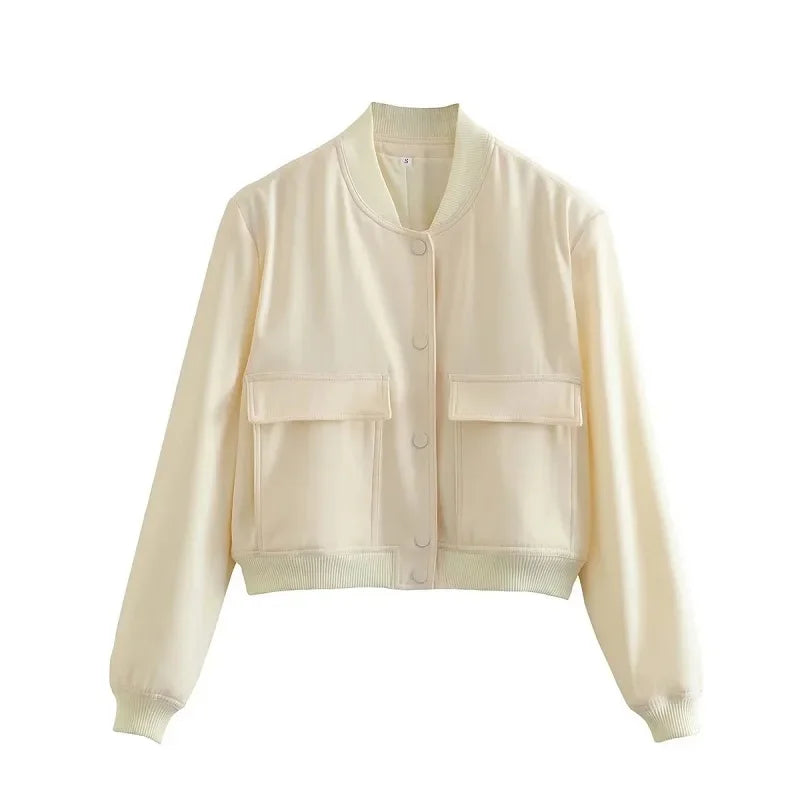 JazzHer woman bomber jacket coat White autumn winter button baseball aviator cropped jackets for women long sleeve crop outerwear