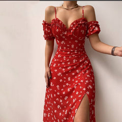 JazzHer Sexy V-neck Fungus Edge Tube Midi Dress