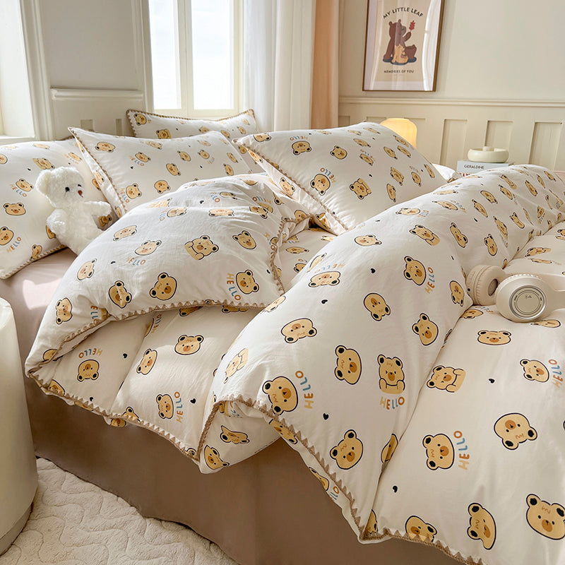 JazzHer Kawaii Rabbit Bedding Set Bed Flat Sheet Pillowcase Twin Full Queen Cartoon Bed Linen Kids Girls Duvet Cover Set No Filler