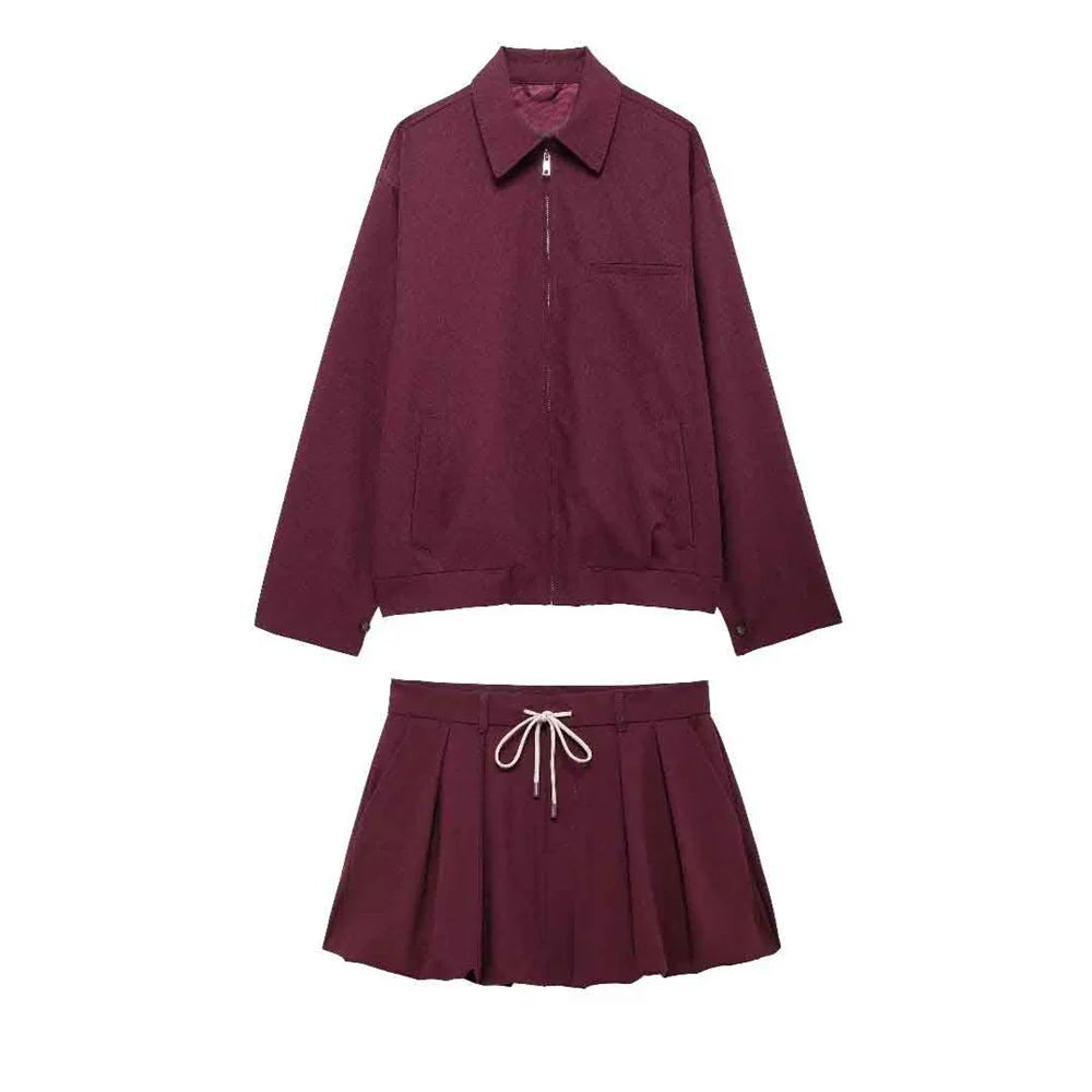 JazzHer Spring Autumn Jacket Suit Women 2-piece Set Fashion Casual Women's Zipper Pocket Decoration Jacket Coat Lantern Mini Skirt Set