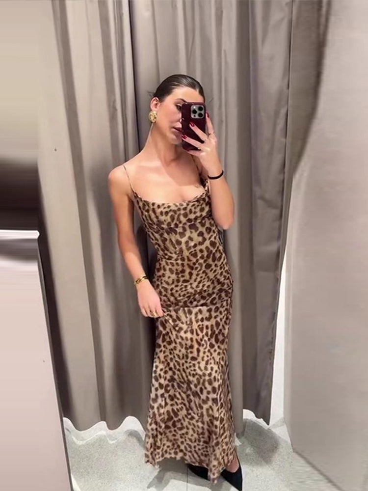 JazzHer Leopard Print Mesh Sling Dress Women Sexy Backless Sleeveless Hip Package Female Dresses 2024 Summer Lady Evening Party Robes