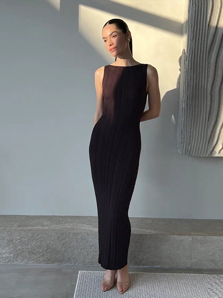 JazzHer Elegant Sleeveless Knitted Ribbed Dresses Women Slim O-neck Hip Package Female Long Dress 2024 Spring Summer Ladies Solid Robes